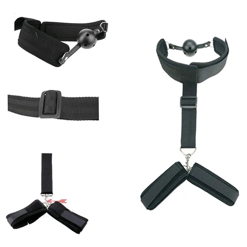 INMOVILIZADOR DE CUELLO Y MUÑECAS CON MORDAZA. BDSM - PZ-840-ZH