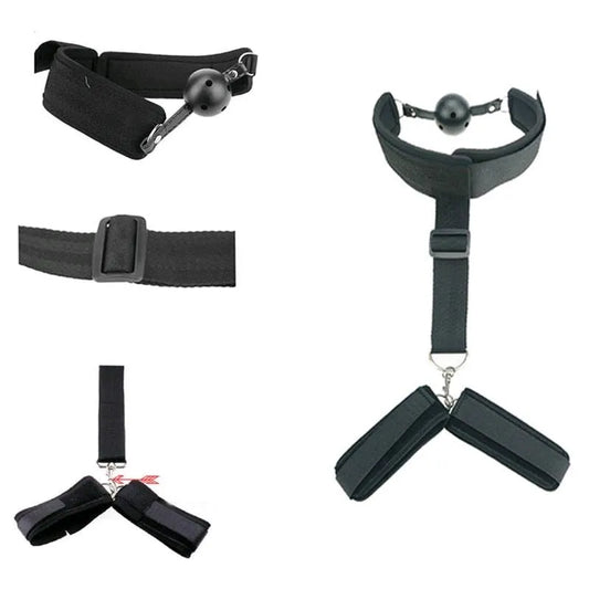 INMOVILIZADOR DE CUELLO Y MUÑECAS CON MORDAZA. BDSM - PZ-840-ZH